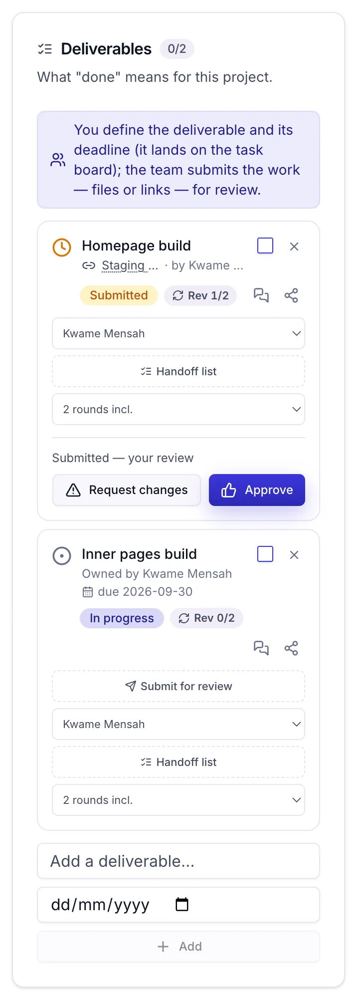 Owena deliverables: Homepage build submitted for review with Request changes and Approve, revision 1 of 2, and Inner pages in progress
