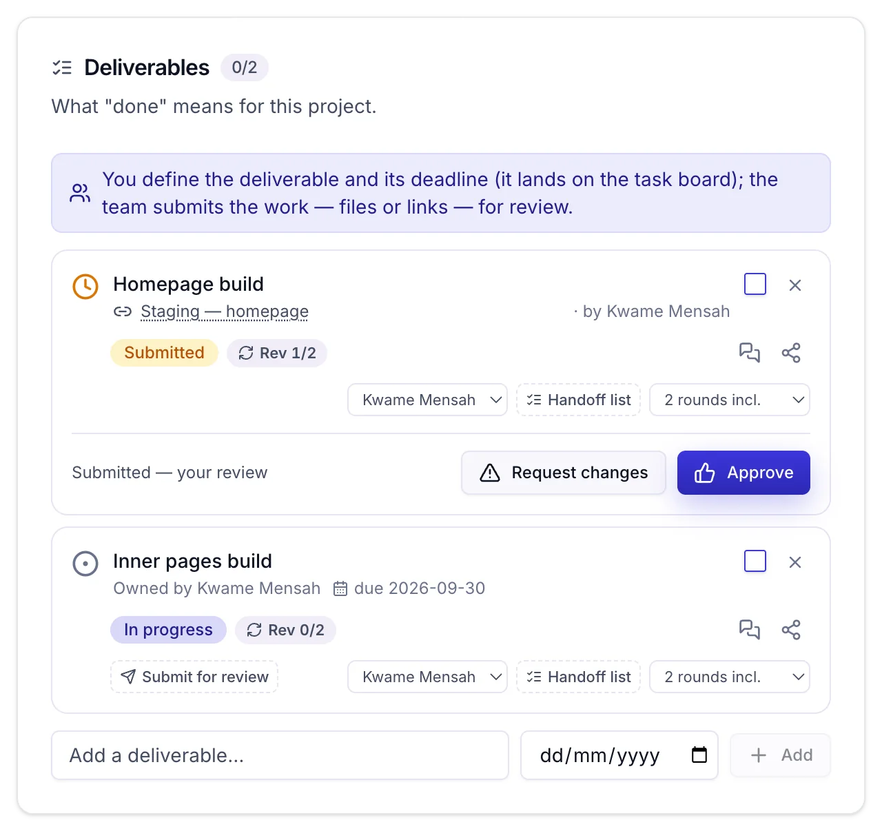Owena deliverables: Homepage build submitted for review with Request changes and Approve, revision 1 of 2, and Inner pages in progress