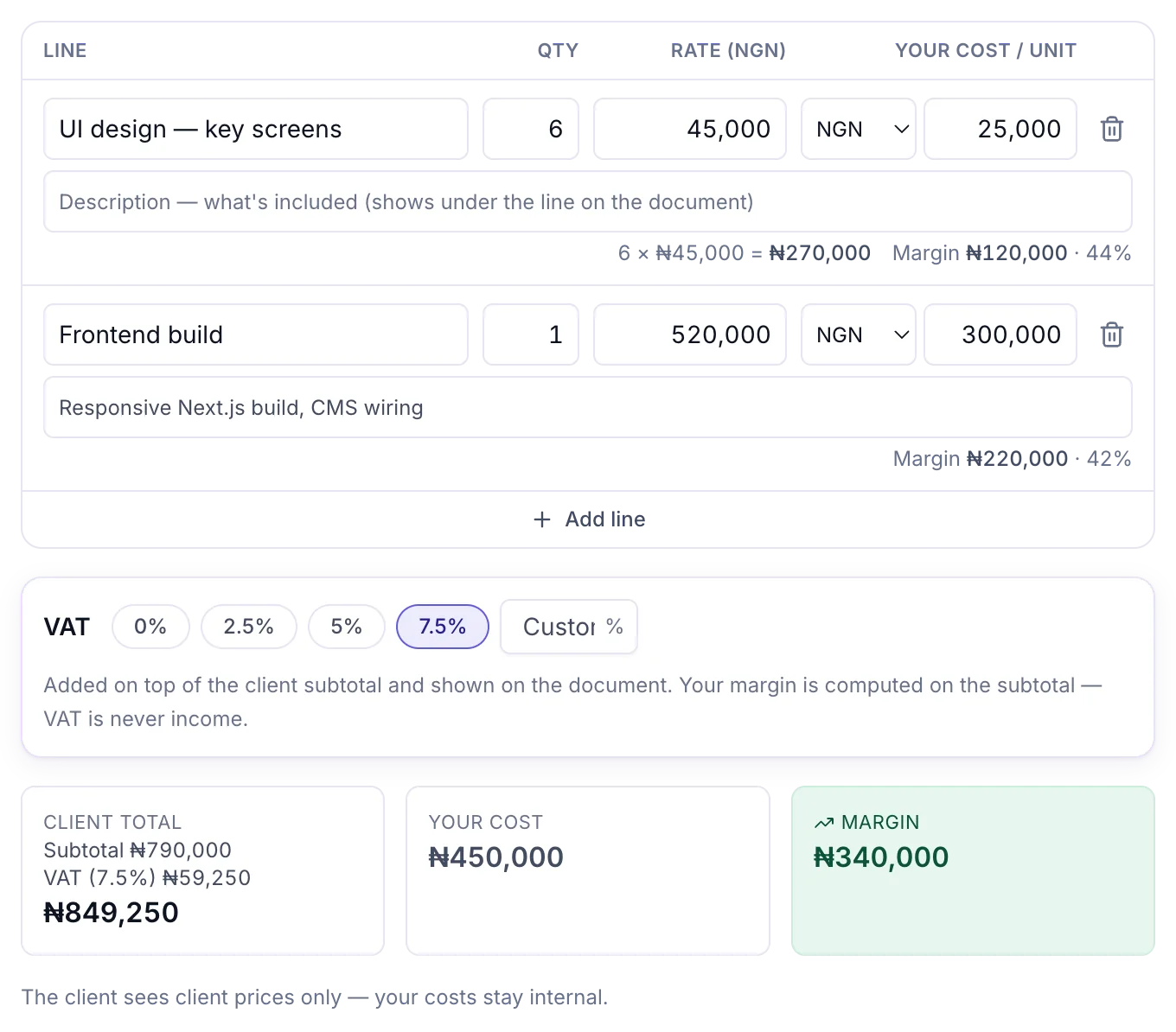 Owena quote lines: client rate and your cost per line with the margin under each, VAT, and client total vs your cost vs margin